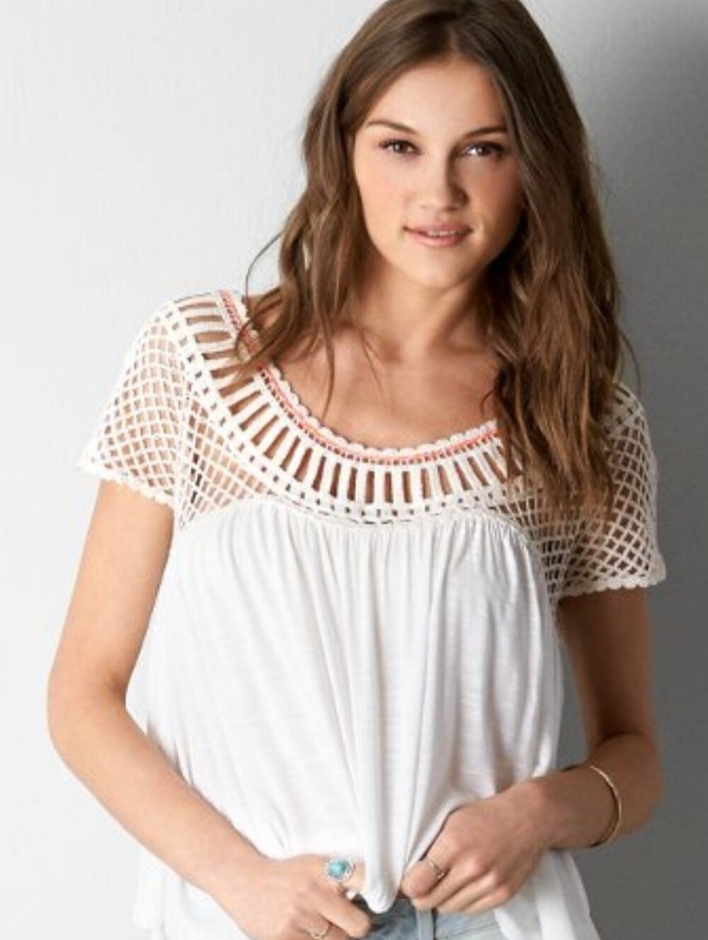 American Eagle Peasant Cream Crochet Tunic with Neon Coral Trim (T126)